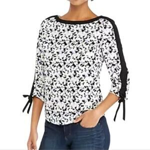The Limited Abstract Floral Boat Neck Blouse Ruched Tie 3/4 Sleeves Lavender NEW